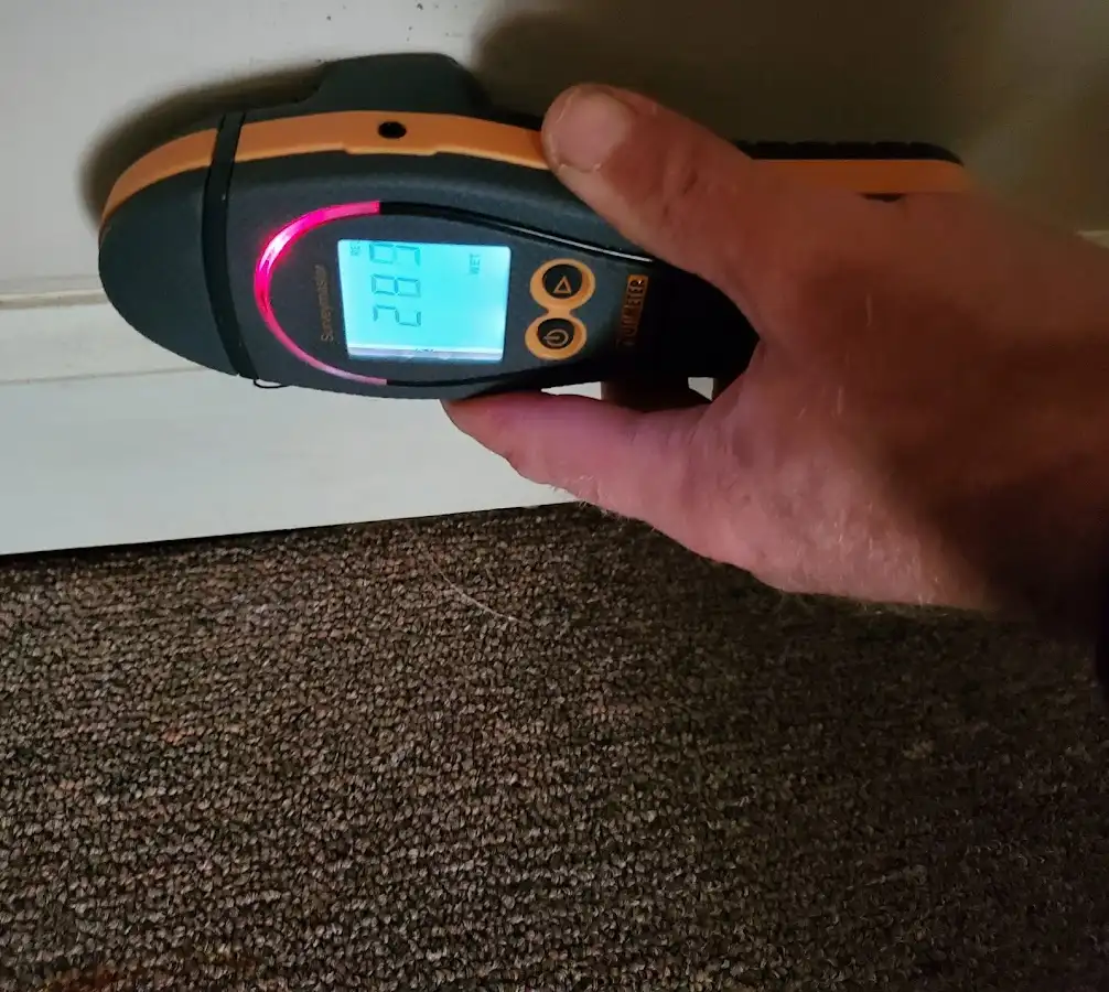 Moisture detection at baseboard during Burst Pipe Cleanup in Otis Orchards-East Farms
